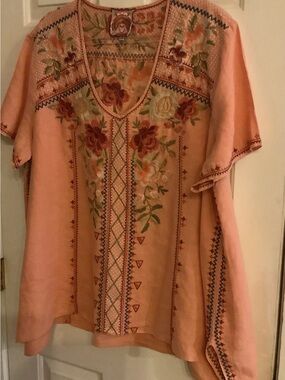 Johnny Was Embroidered Linen Tunic in Peach, Size 2X, Vintage.